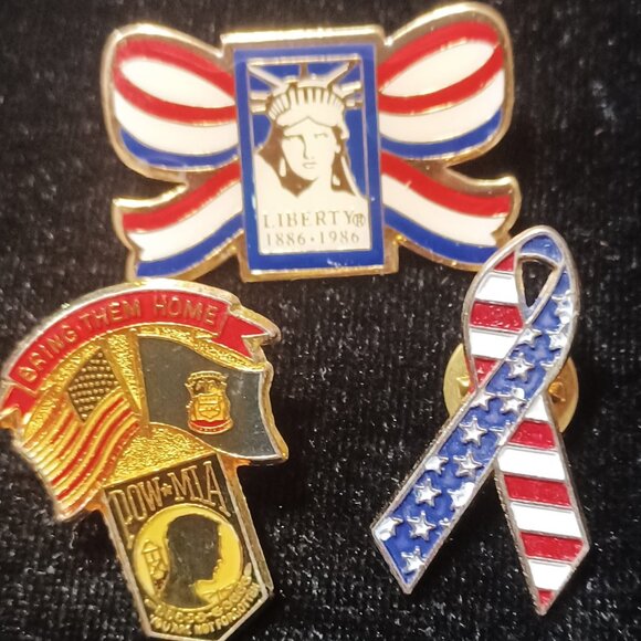 Vintage Patriotic Enamel Lapel Pins Lot Amer. Flag, POW,  Statue of Liberty 1886 - Picture 4 of 5